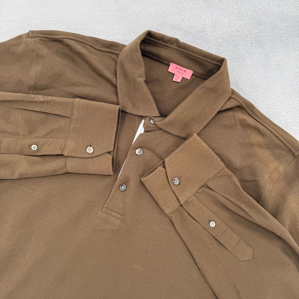 Pink Shirtmaker London Mens Brown Long Sleeve Cotton‎ Pique Polo Shirt Size XL